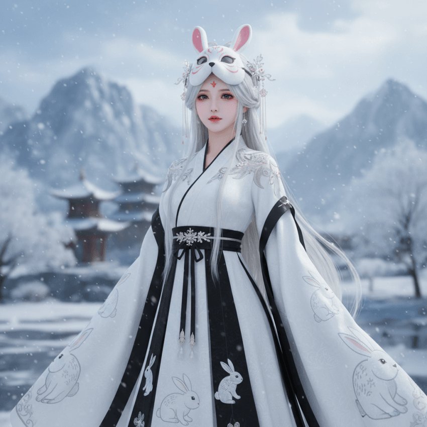 AI Prompt for Winter Fantasy Hanfu Portrait with Rabbit Mask