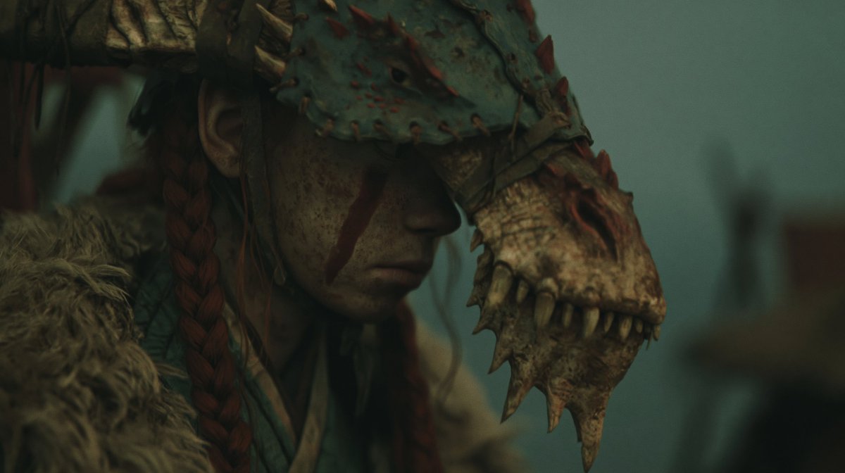 AI Prompt: Generate a Tribal Warrior with a Dragon-Skull Headdress for Fantasy Game Assets or Cinematic Film Stills