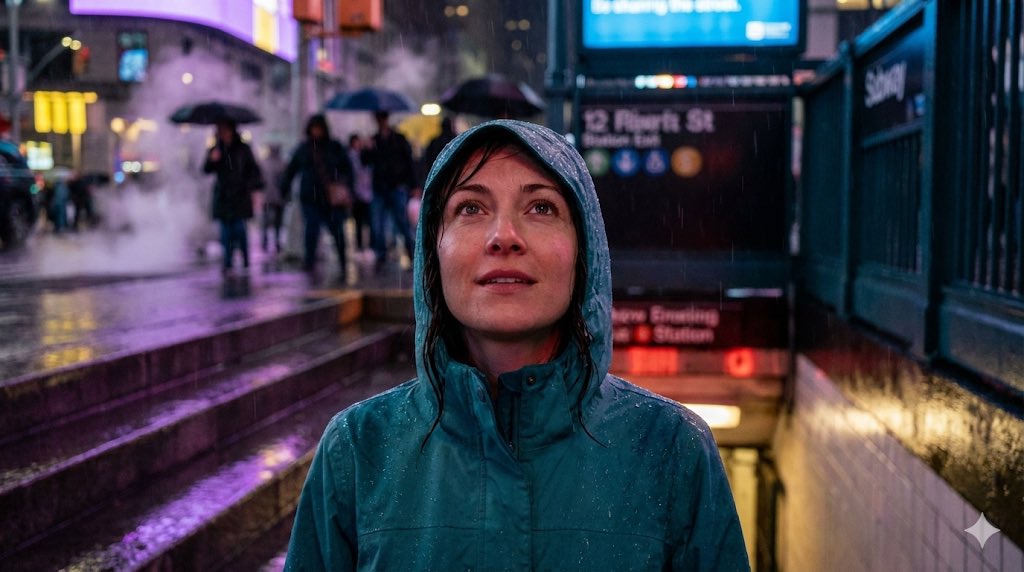 AI Prompt: High Detail Cyberpunk Portrait of Woman Emerging from Subway Exit
