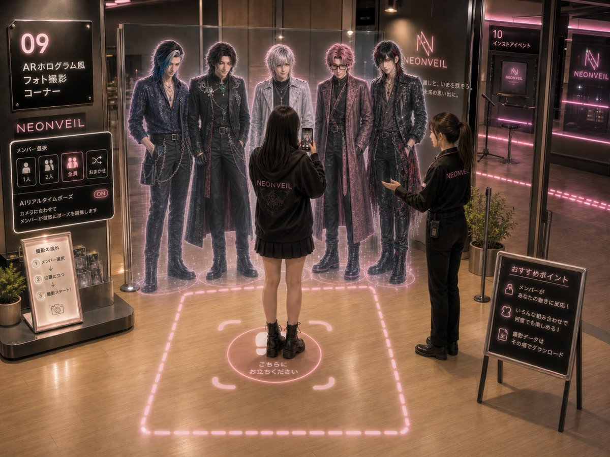 AI Prompt: Neon-Lit Idol Shop AR Photo Booth Scene with Holographic Members and Japanese Signage