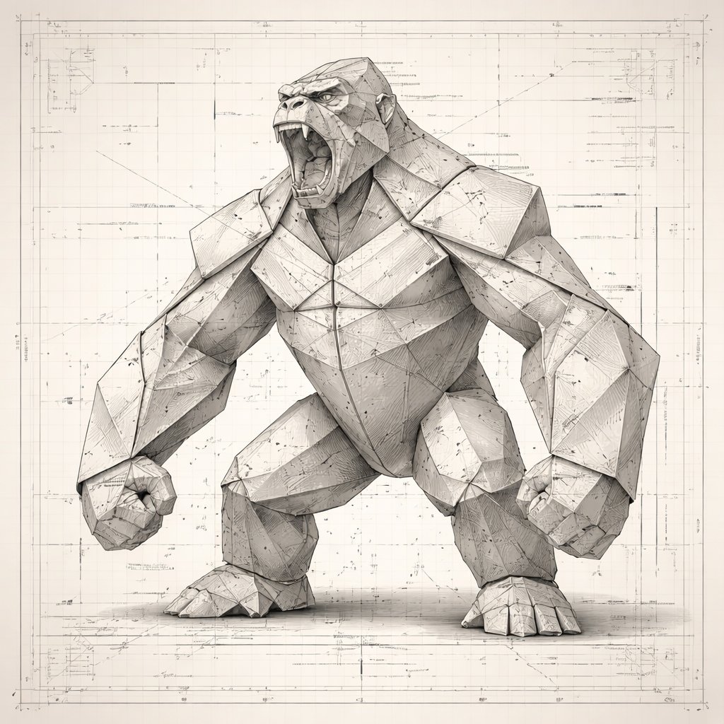 AI Prompt: Realistic Folded-Paper Blueprint of King Kong for Photorealistic Image Generation