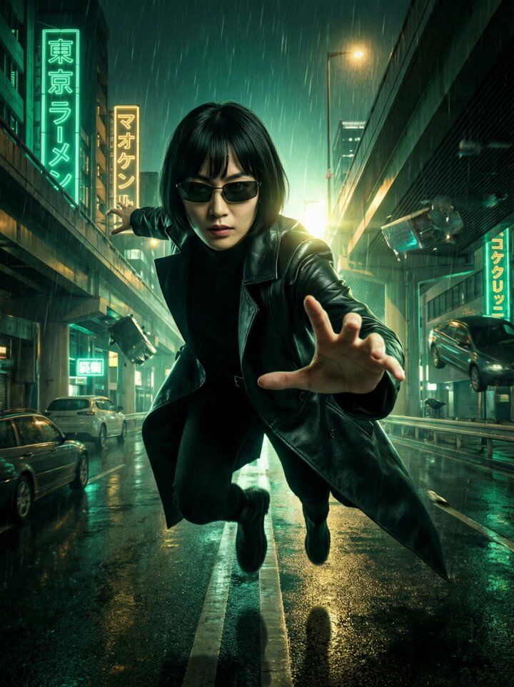 AI Prompt: Ultra-Realistic Cyberpunk Action Portrait in 8K, Japan, The Matrix Style
