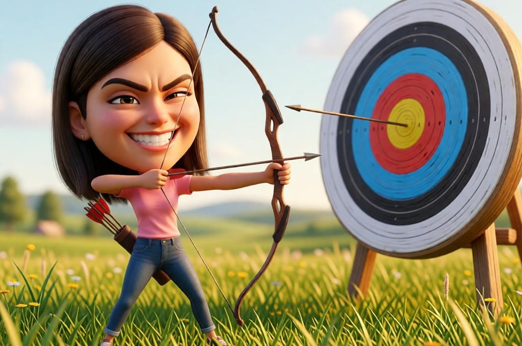 Female Archer Caricature with Massive Bow & Wink