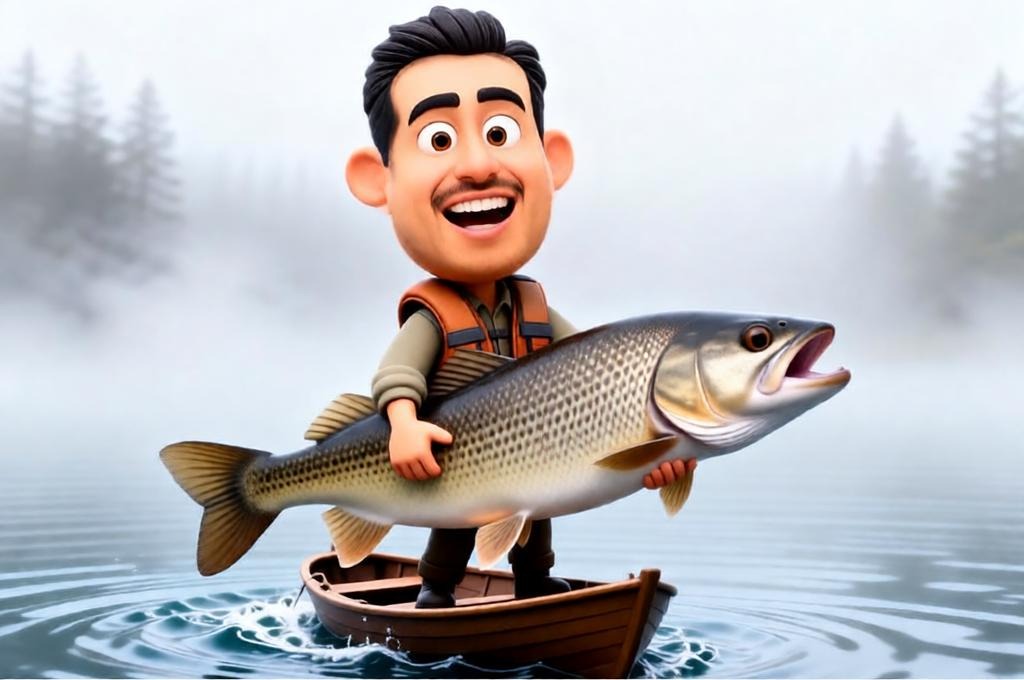 Funny Fisherman Caricature with Giant Trout