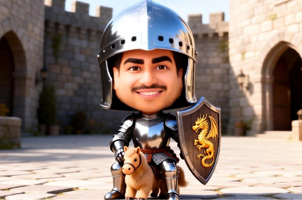 Funny Knight Caricature on a Tiny Pony