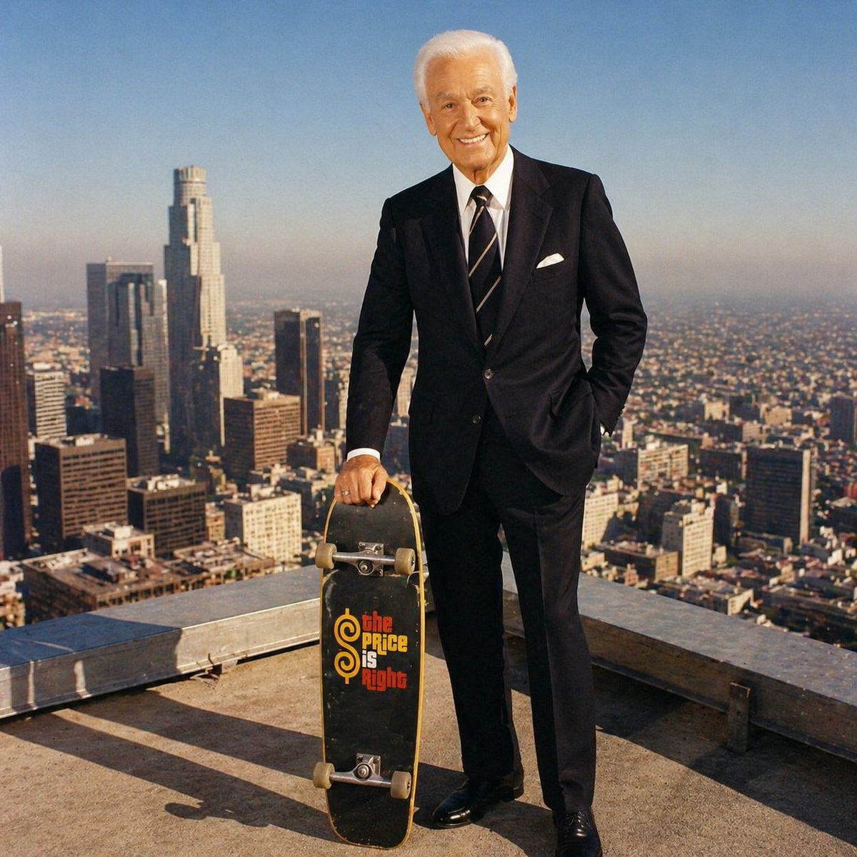 Generate AI Portrait: Bob Barker Standing on Skyscraper with Skateboard