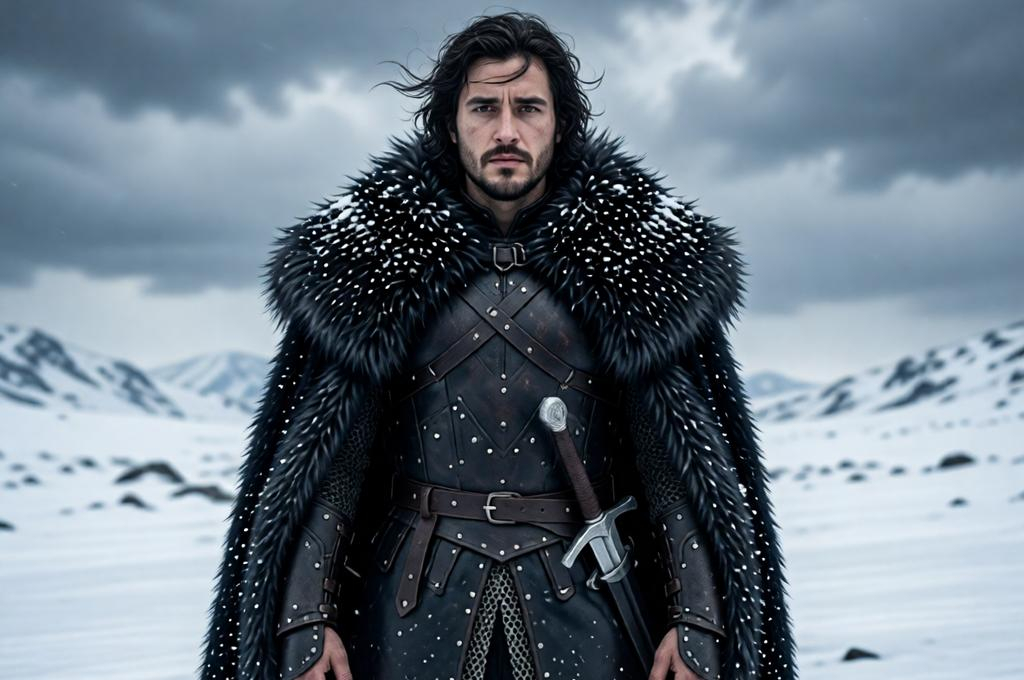 Photorealistic Jon Snow Portrait in Snowy Landscape