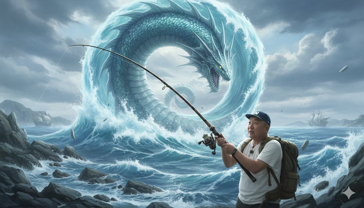 AI Image Prompt for Fantasy Illustrations: Fishing Leviathan with a Character