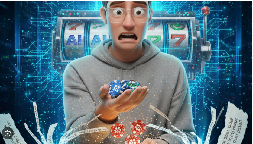 AI Prompt: Anxious Creator in a Tense AI Generation Slot Machine Scene