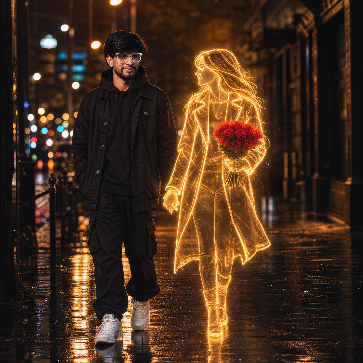 AI Prompt for a Cyberpunk Night Scene with a Glowing Hologram Couple