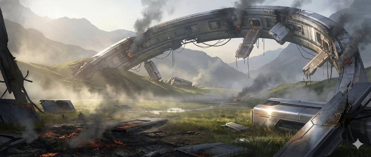 AI Prompt for AAA Cinematic Game Environment Concept Art with Shattered Orbital Ring and Sunrise Lighting