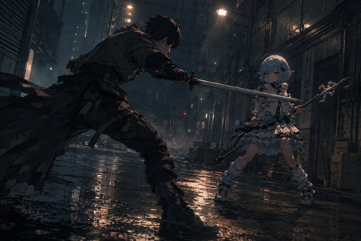 AI Prompt for Anime-Inspired Cyberpunk Nighttime Duel Scene