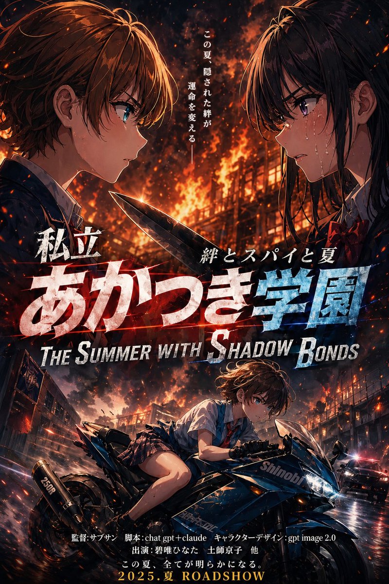 AI Prompt for Anime-Style Burning School Thriller Poster with Motorcycle Chase