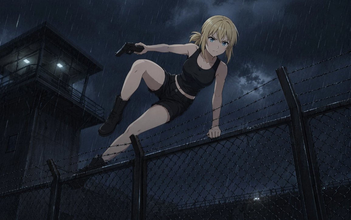 AI Prompt for Anime-Style Infiltration Scene with Operative and Fence in Heavy Rain