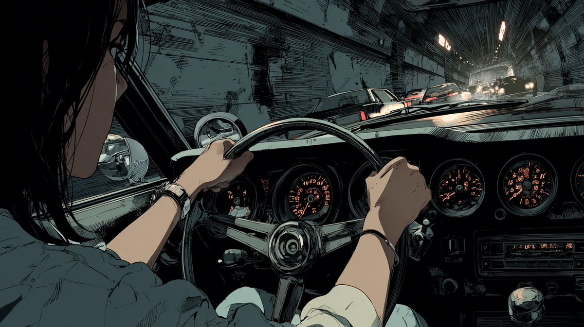 AI Prompt for Anime-Style Over-the-Shoulder Driving Scene in Vintage Car - Cinematic Storyboards & Manga Illustrations