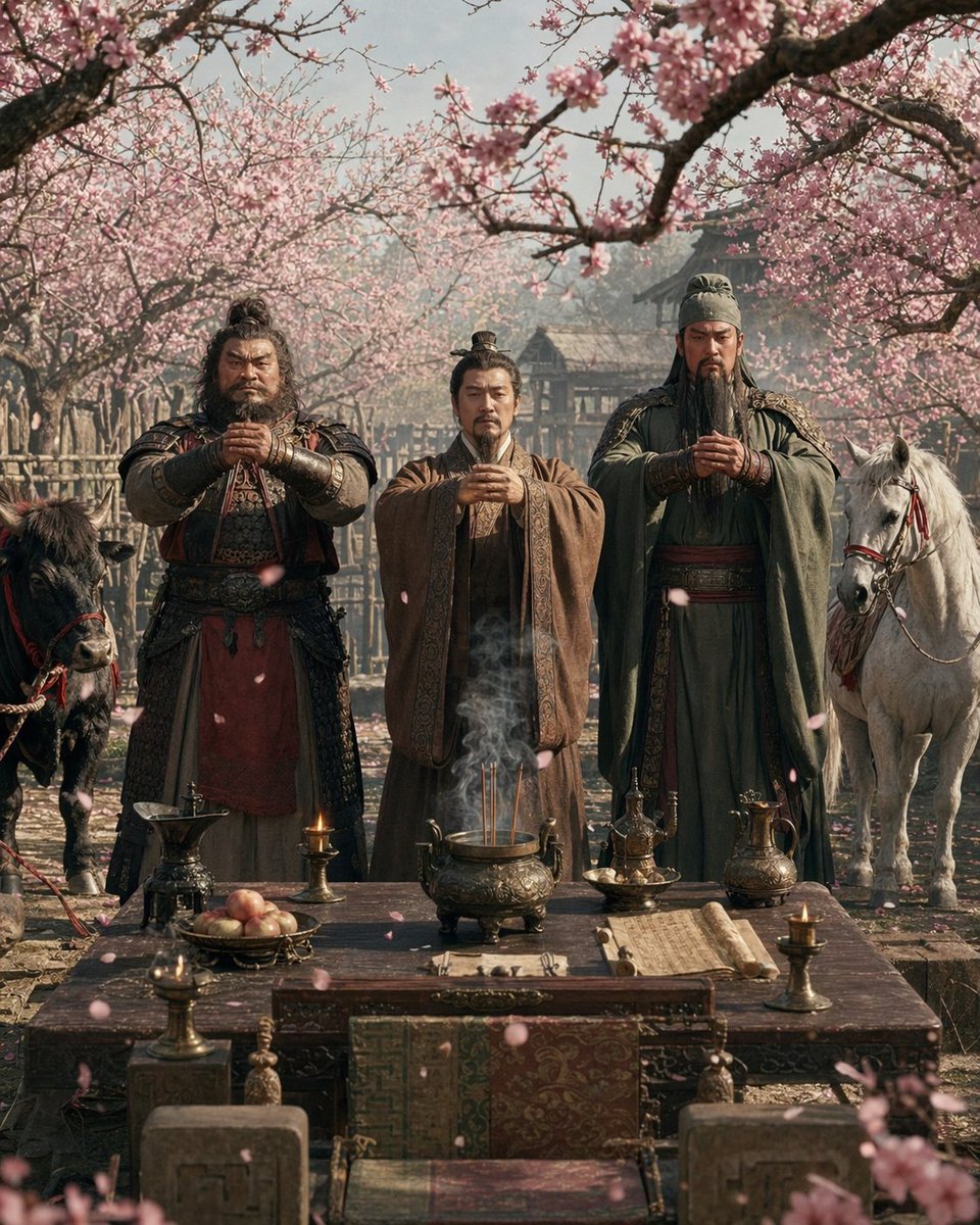 AI Prompt for Cinematic Three Kingdoms Oath Ceremony under Peach Blossoms