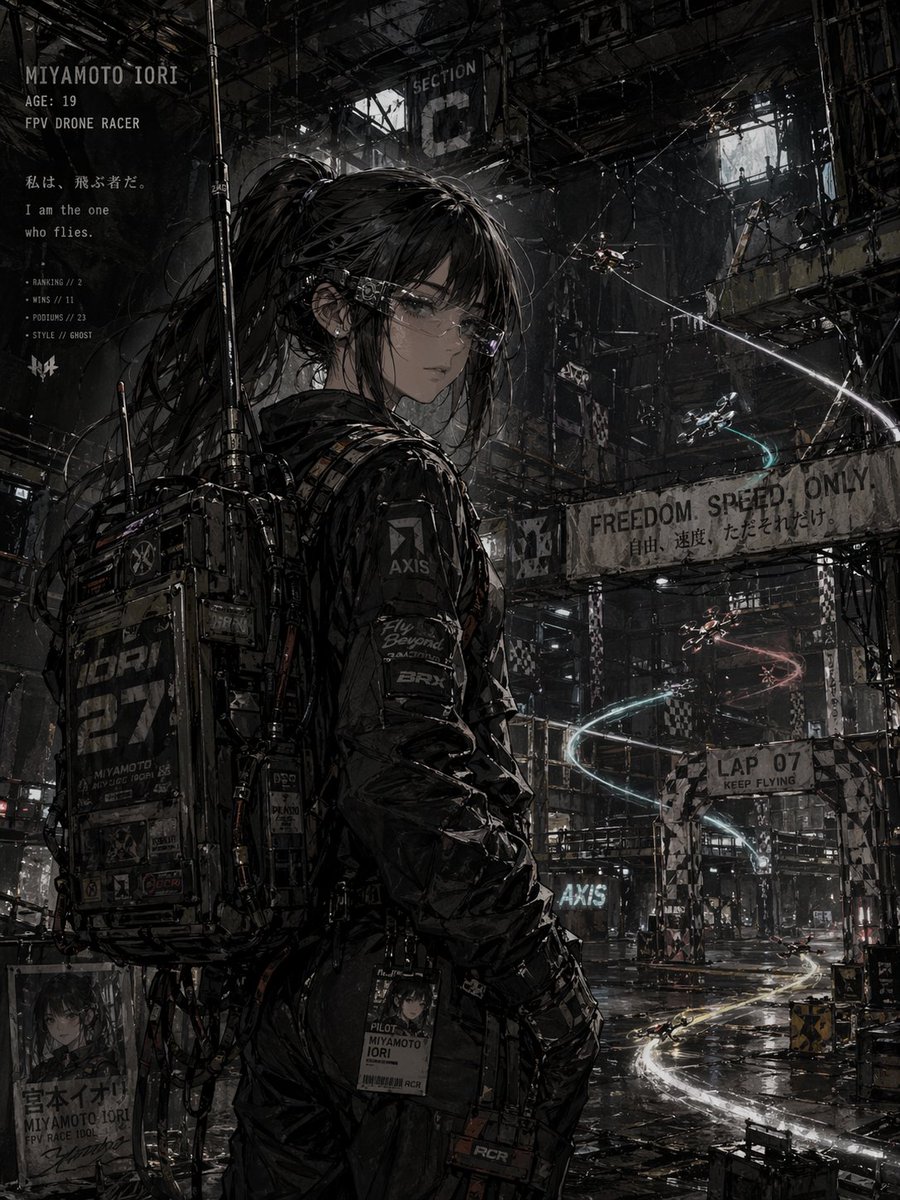 AI Prompt for Cyberpunk Anime-Style Drone Racer Character Poster