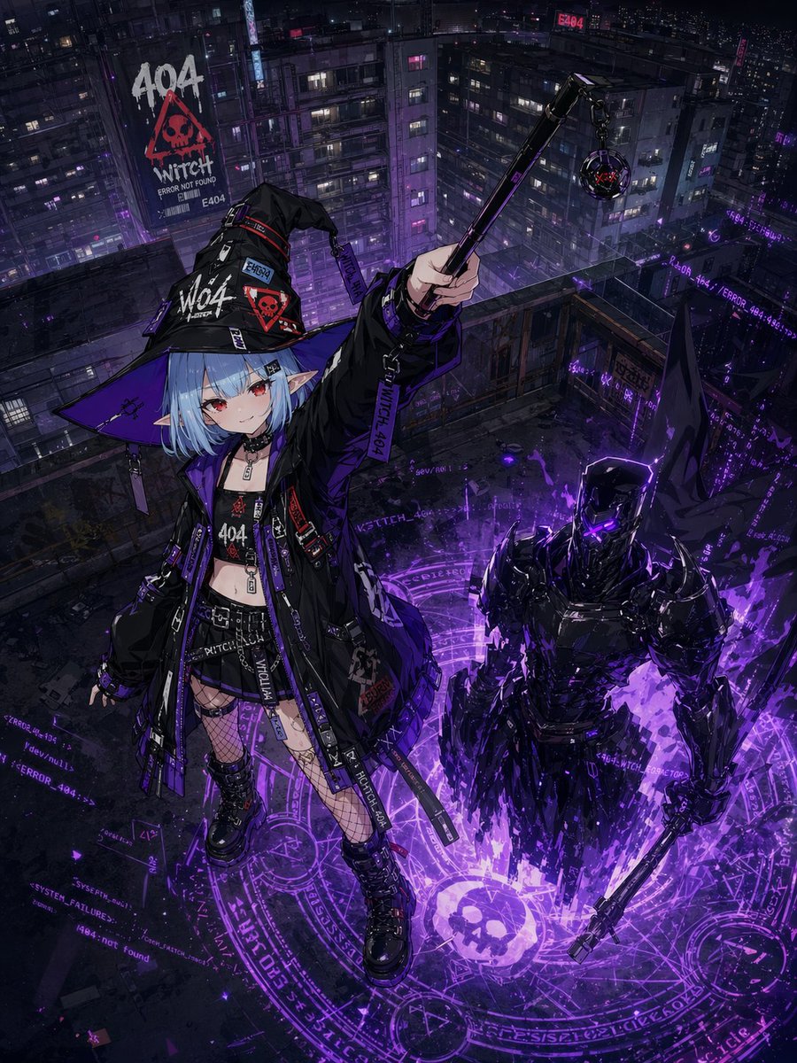 AI Prompt for Cyberpunk Anime Witch Illustration on Neon Rooftop