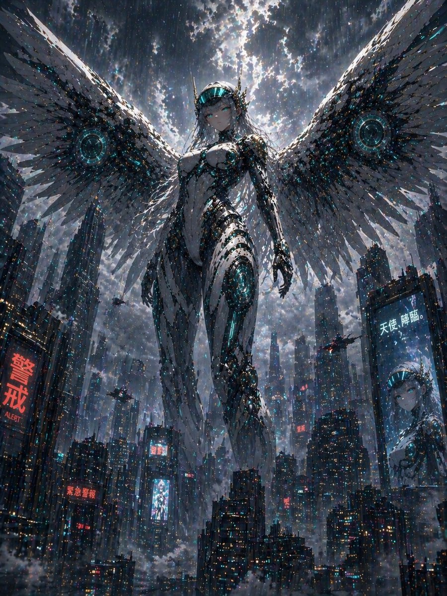 AI Prompt for Cyberpunk Cybernetic Angel Over Urban Landscape