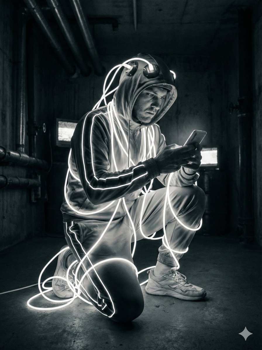 AI Prompt for Cyberpunk Digital Dependence Portrait - Generate Cyberpunk AI Art with Head&Torso Portrait, Neon Stripes, and Monochromatic Tone