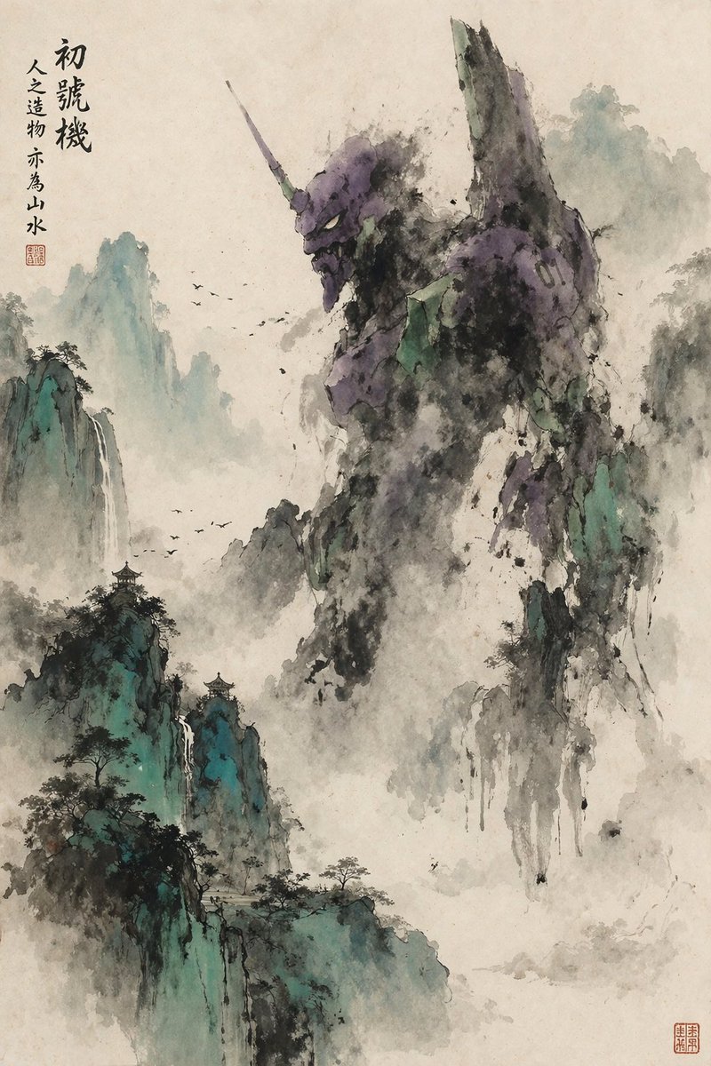 AI Prompt for Cyberpunk Landscape with Giant Mecha and Ink Wash