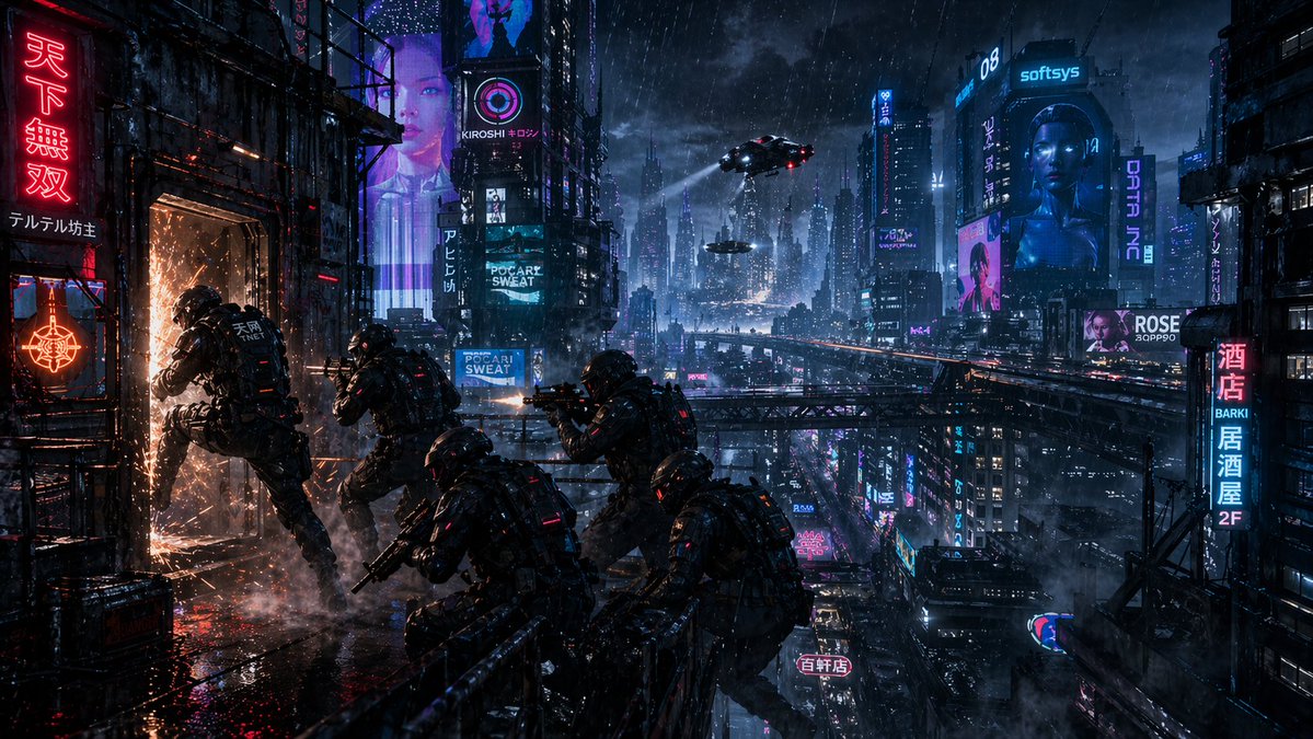 AI Prompt for Cyberpunk Sci-Fi Rooftop Breach Raid Concept Art