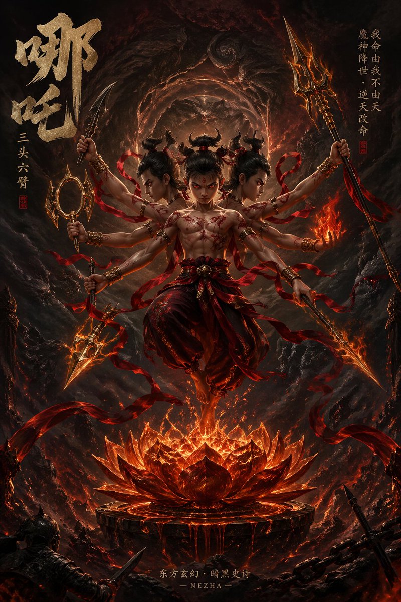 AI Prompt for Epic Fantasy Novel Cover Art with Nezha in Stylized Lotus Elements