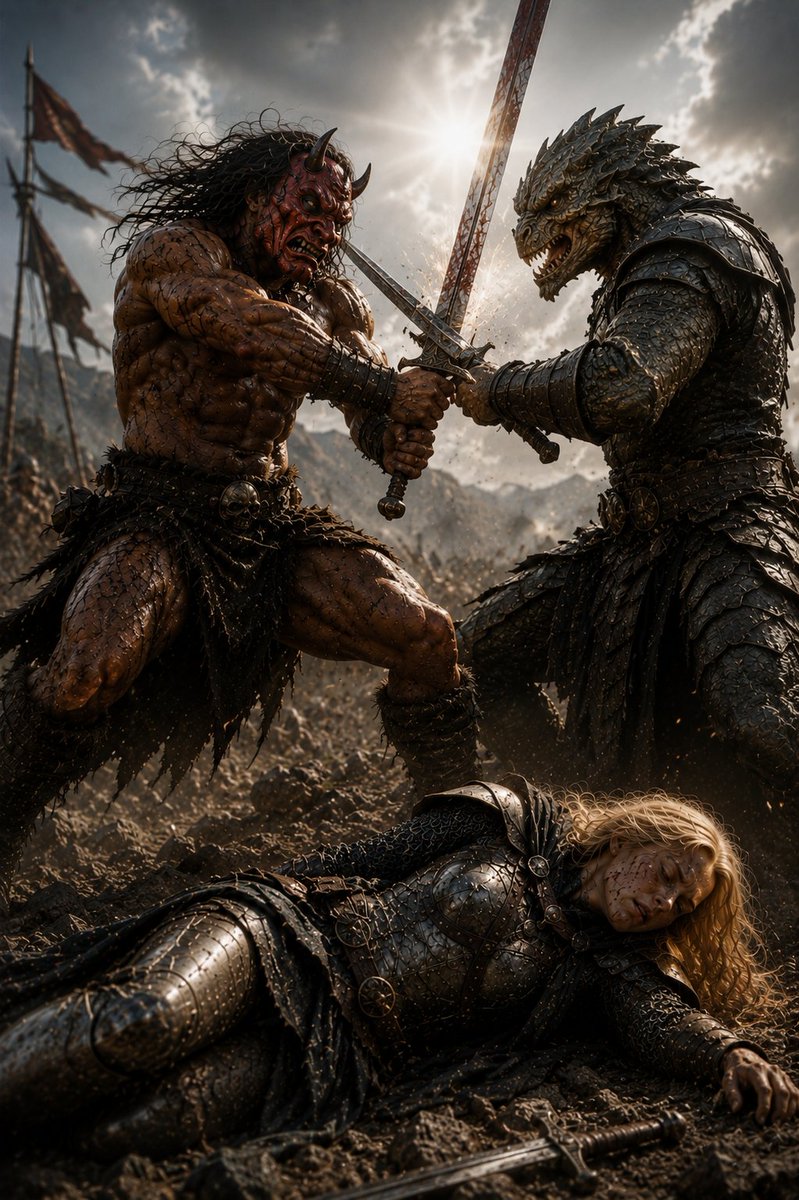 AI Prompt for Epic Fantasy War Scene with Dragon Knight and Barbarian