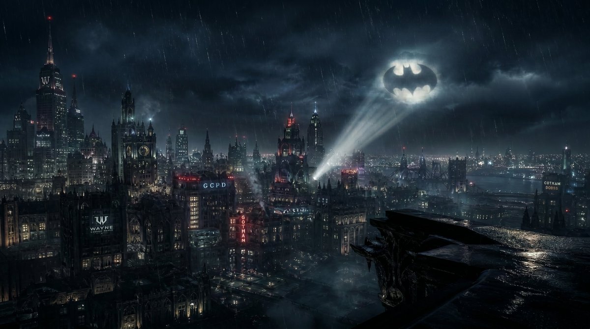AI Prompt for Epic Gotham City Night Background at Sunset with Bat-Signal Reflected