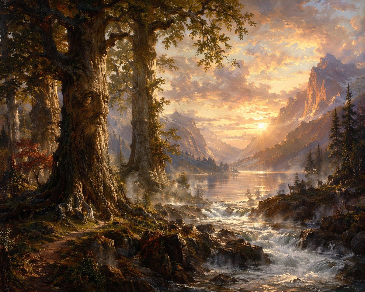 AI Prompt for Fantasy Landscape Art: Ancient Tree Guardians at Sunset