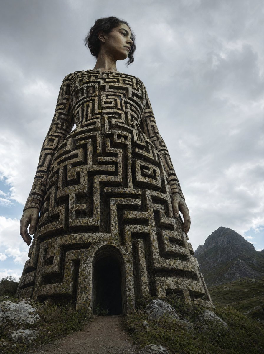 AI Prompt for Generating a Massive Maze-Covered Female Statue for Dark Fantasy Concept Art
