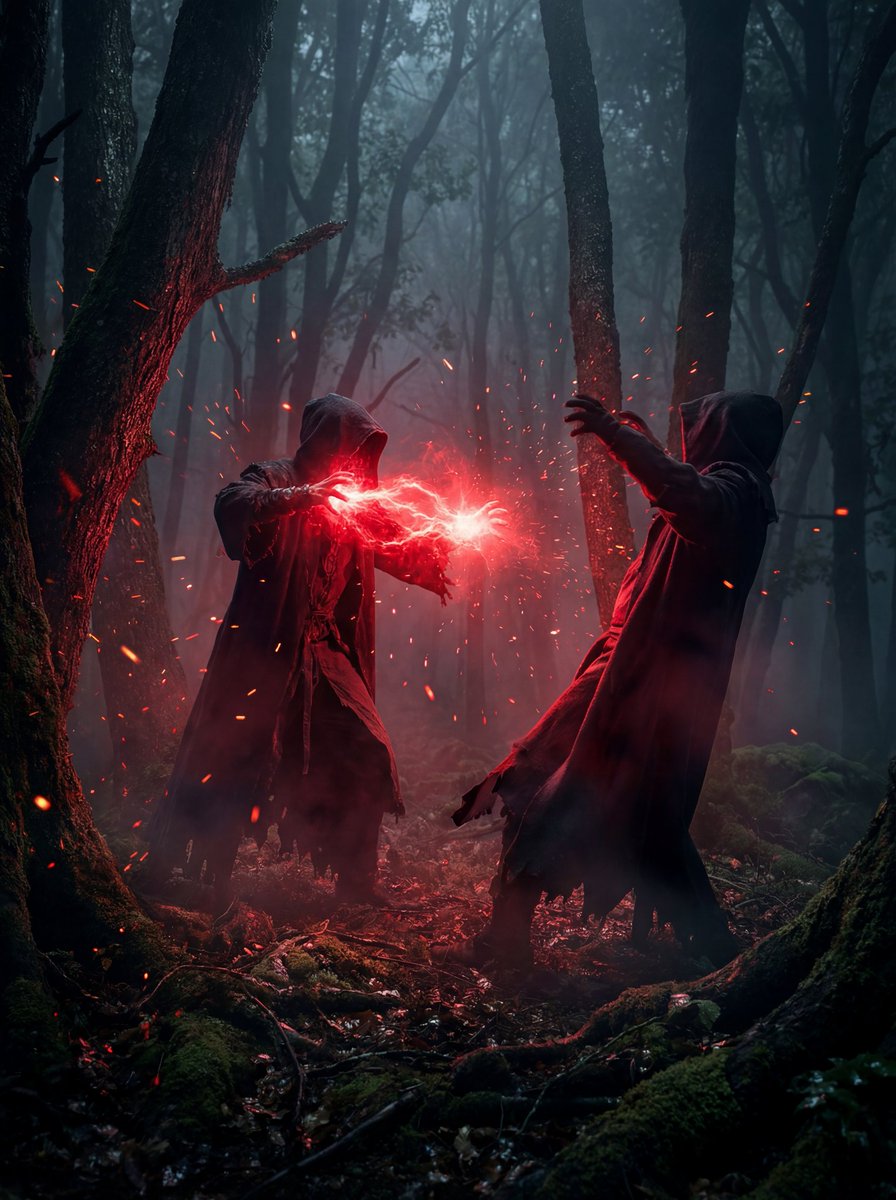 AI Prompt for Generating Cinematic Fantasy Scenes: Hooded Figures Clash in a Dark Foggy Forest