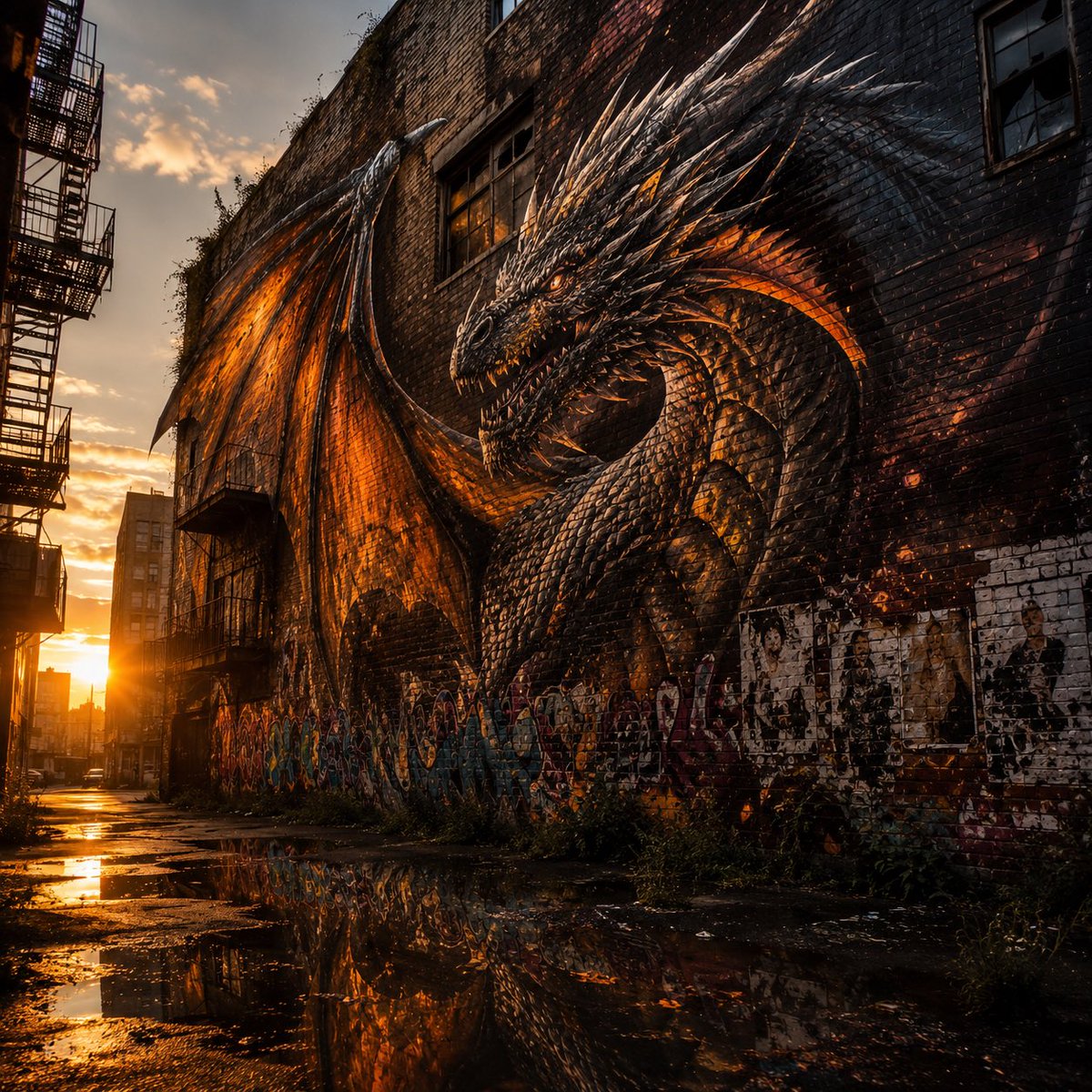 AI Prompt for Gritty Fantasy Dragon Mural at Sunset