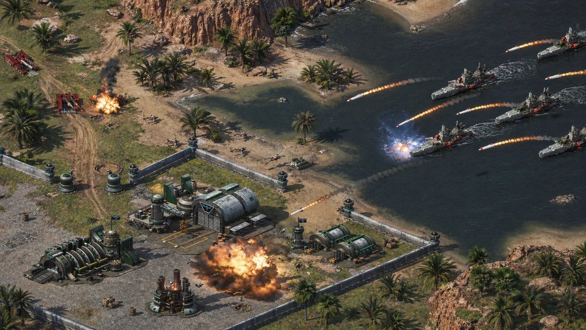 AI Prompt for Isometric Coastal Base Naval Battle 3D Rendering