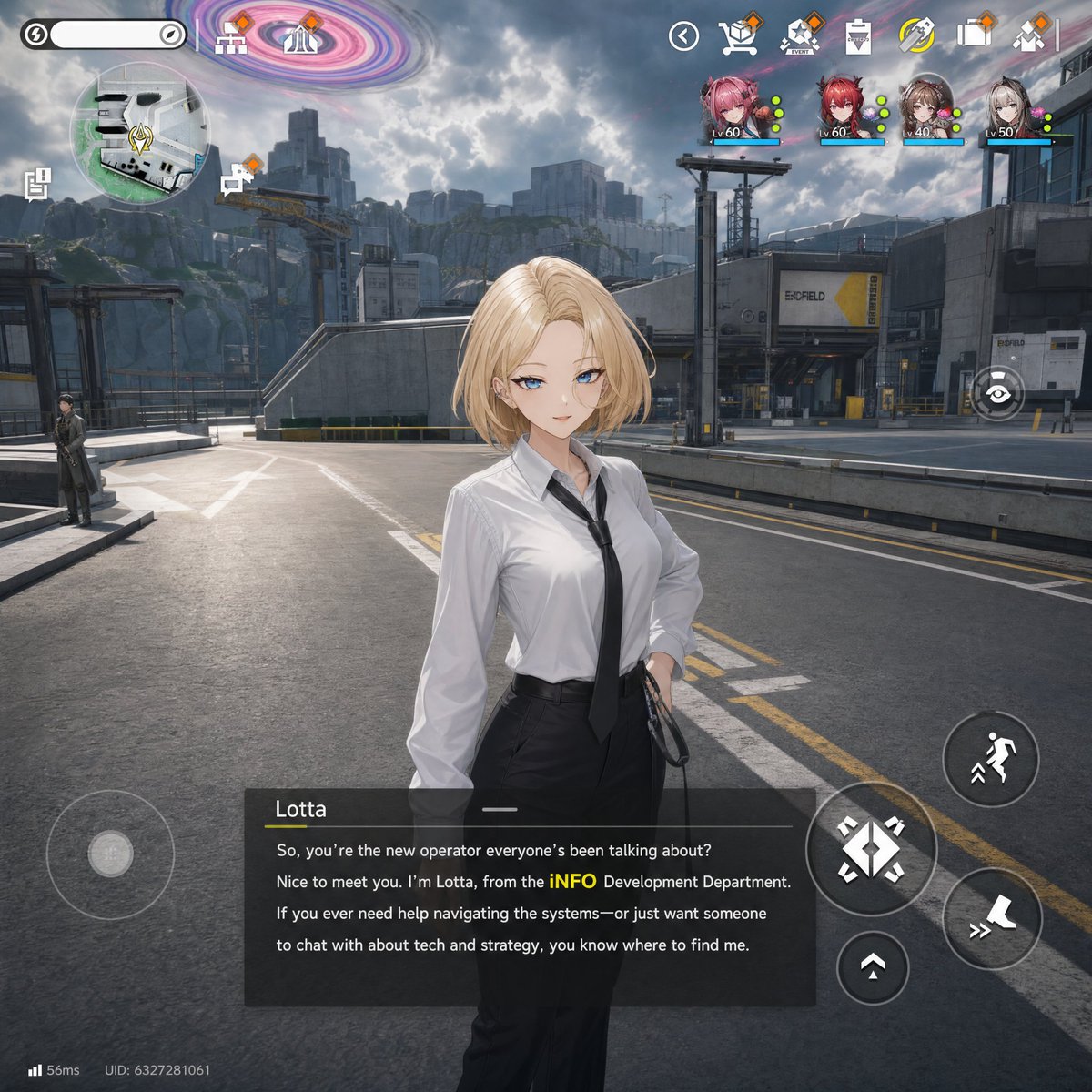 AI Prompt for Sci-Fi Gacha RPG Dialogue Scene with Anime-Realistic NPC and Industrial Environment
