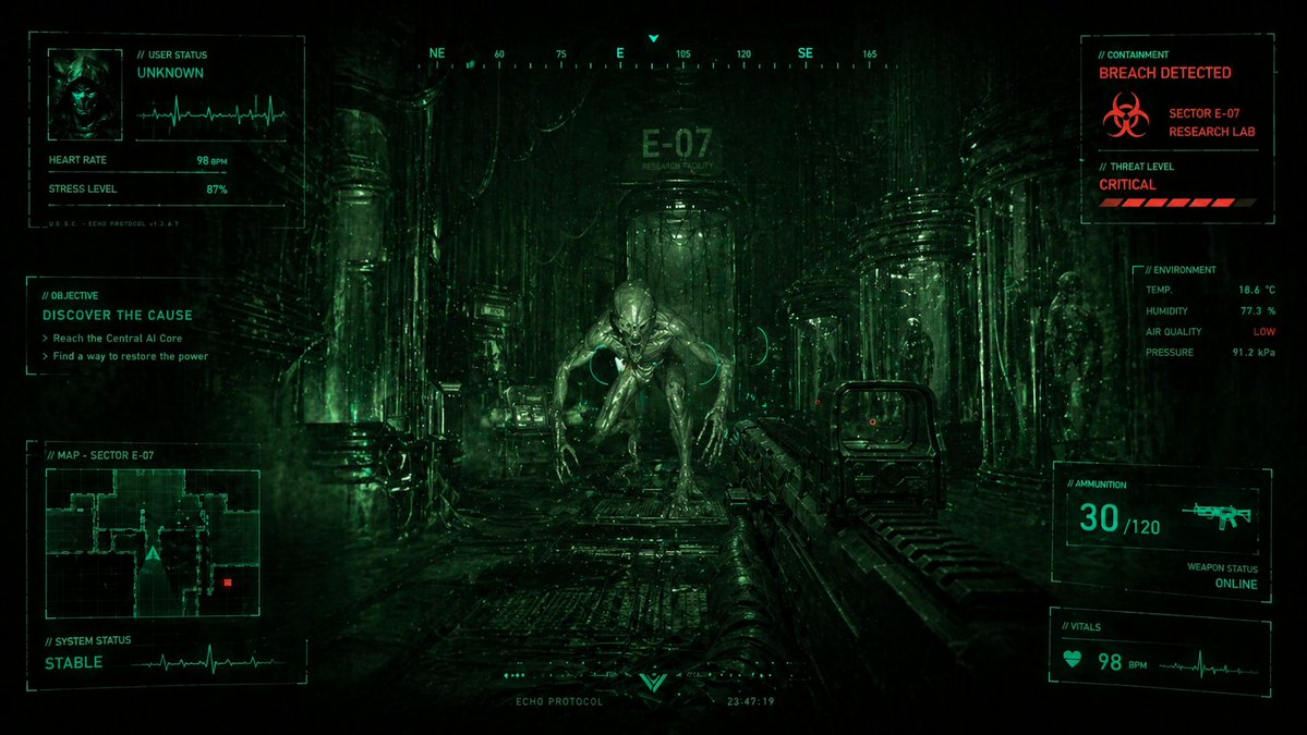 AI Prompt for Sci-Fi Horror First-Person Shooter HUD Lab Breach Art