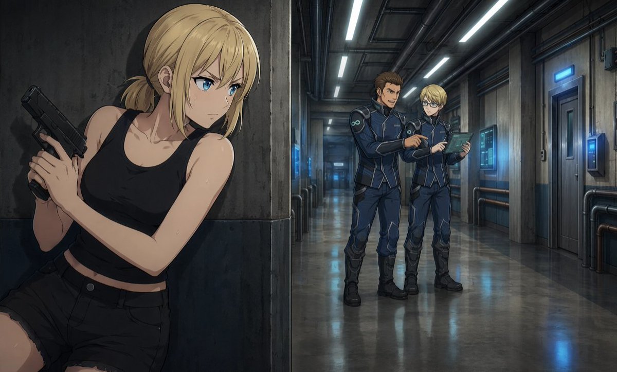 AI Prompt for Sci-Fi Stealth Scene with Anime Guards in Industrial Corridor