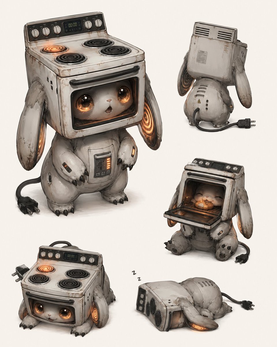 AI Prompt for Steampunk Creature Design: Worn Retro Oven Stove Rabbit Character Art