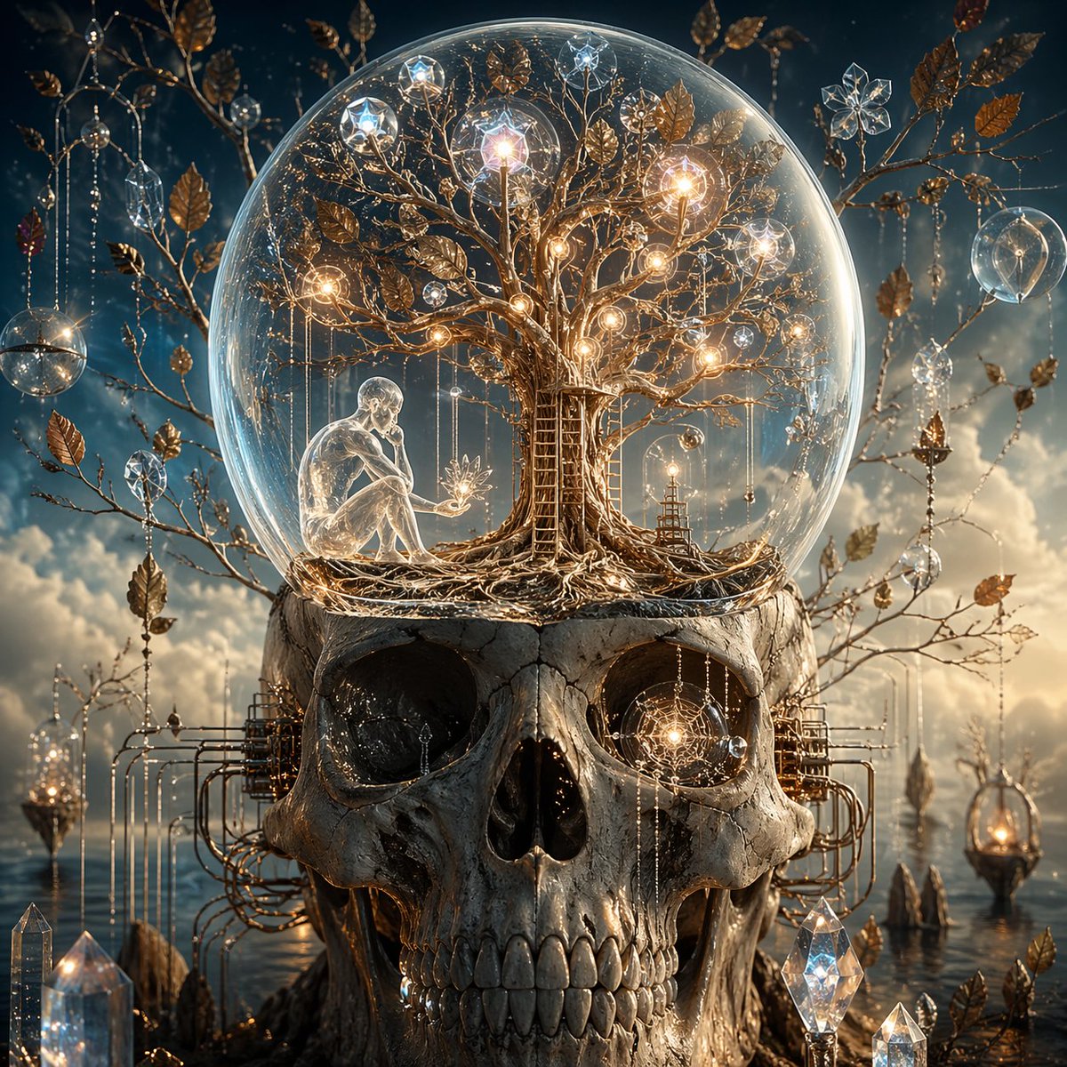 AI Prompt for Surreal Fantasy Art: Skull and Tree of Consciousness