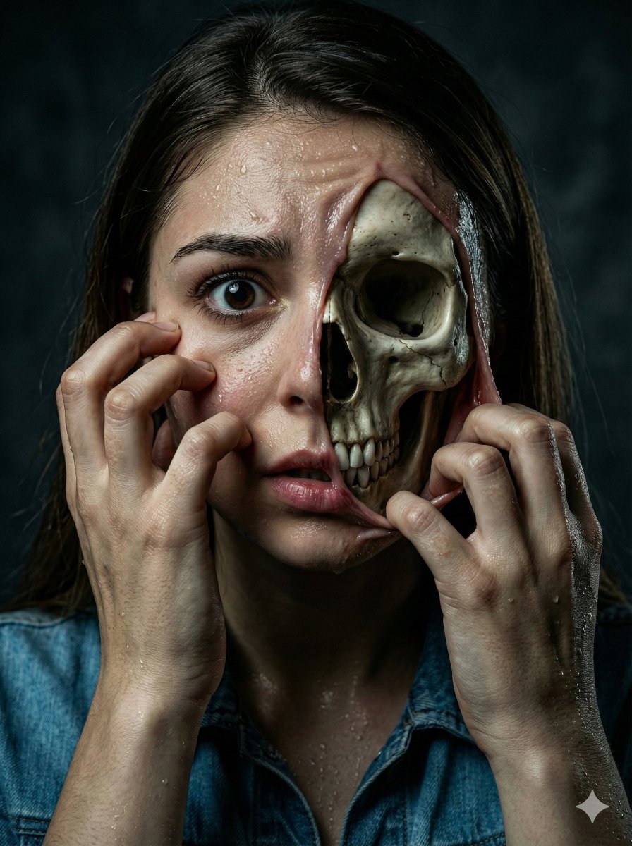 AI Prompt for Surreal Horror Portrait with Revealing Skull Effect