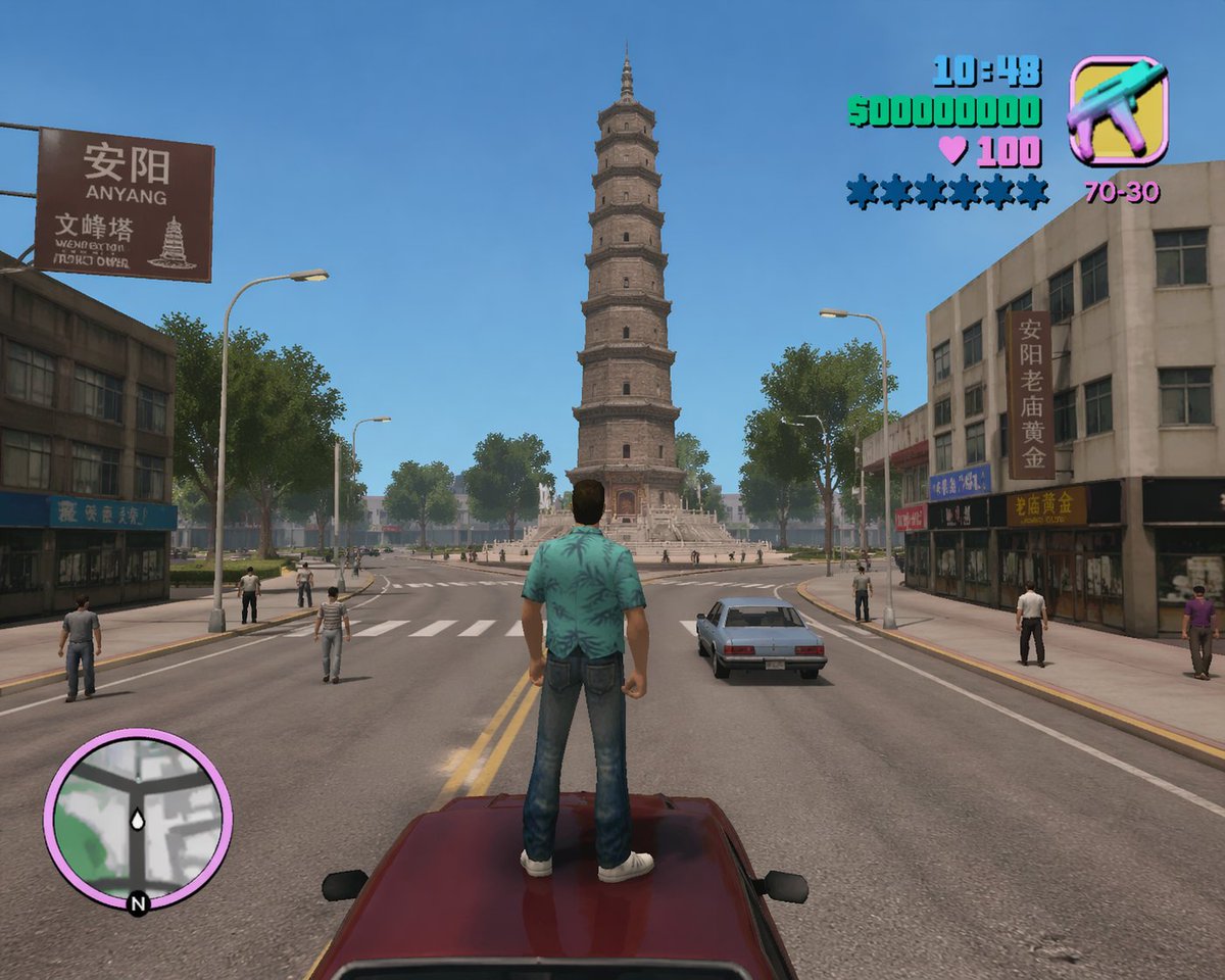 AI Prompt: GTA-Style Cyberpunk Cityscape with Wenfeng Pagoda - AI Image Generation