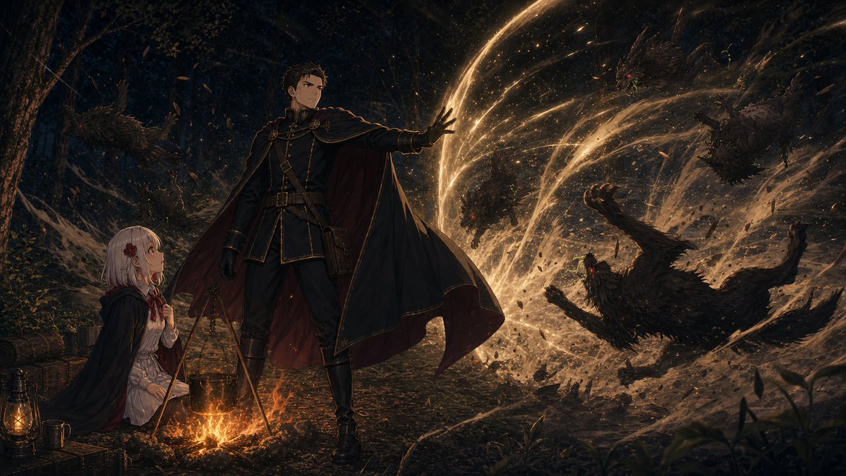AI Prompt: Magical Forest Campsite Scene with Sorcerer and Young Mage