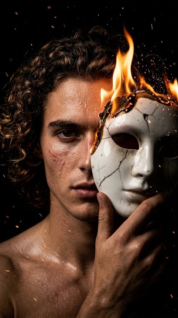 Dramatic Portrait Burning Porcelain Mask Fantasy Art