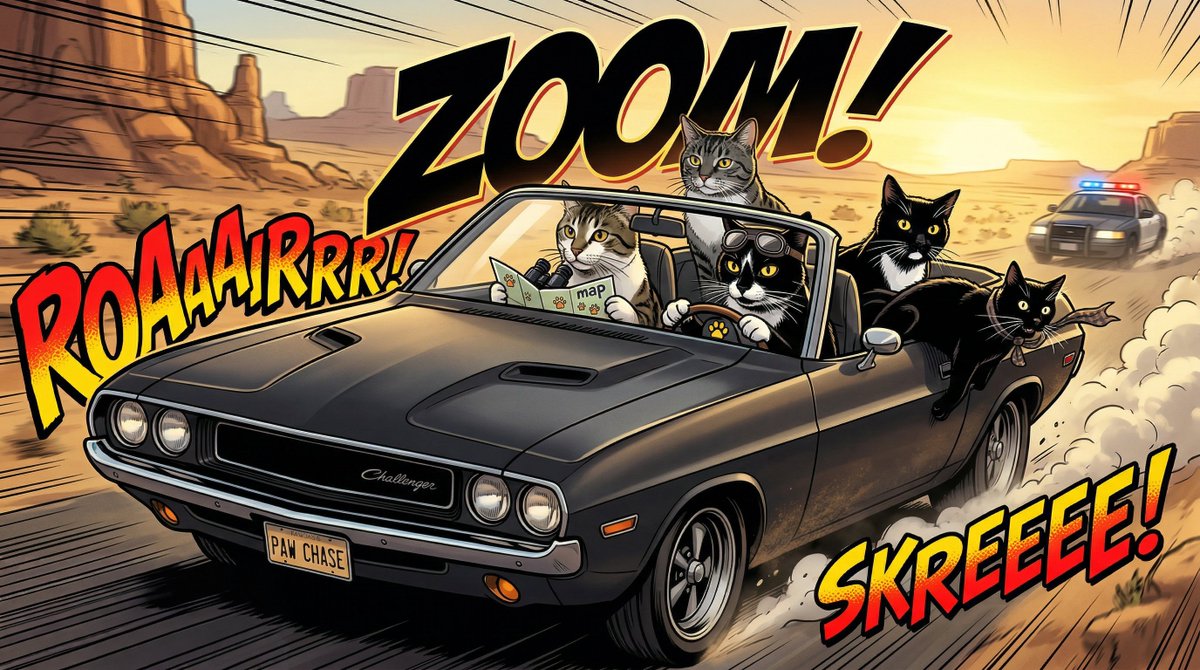 Epic Car Chase Action Shot with Onomatopoeia Style