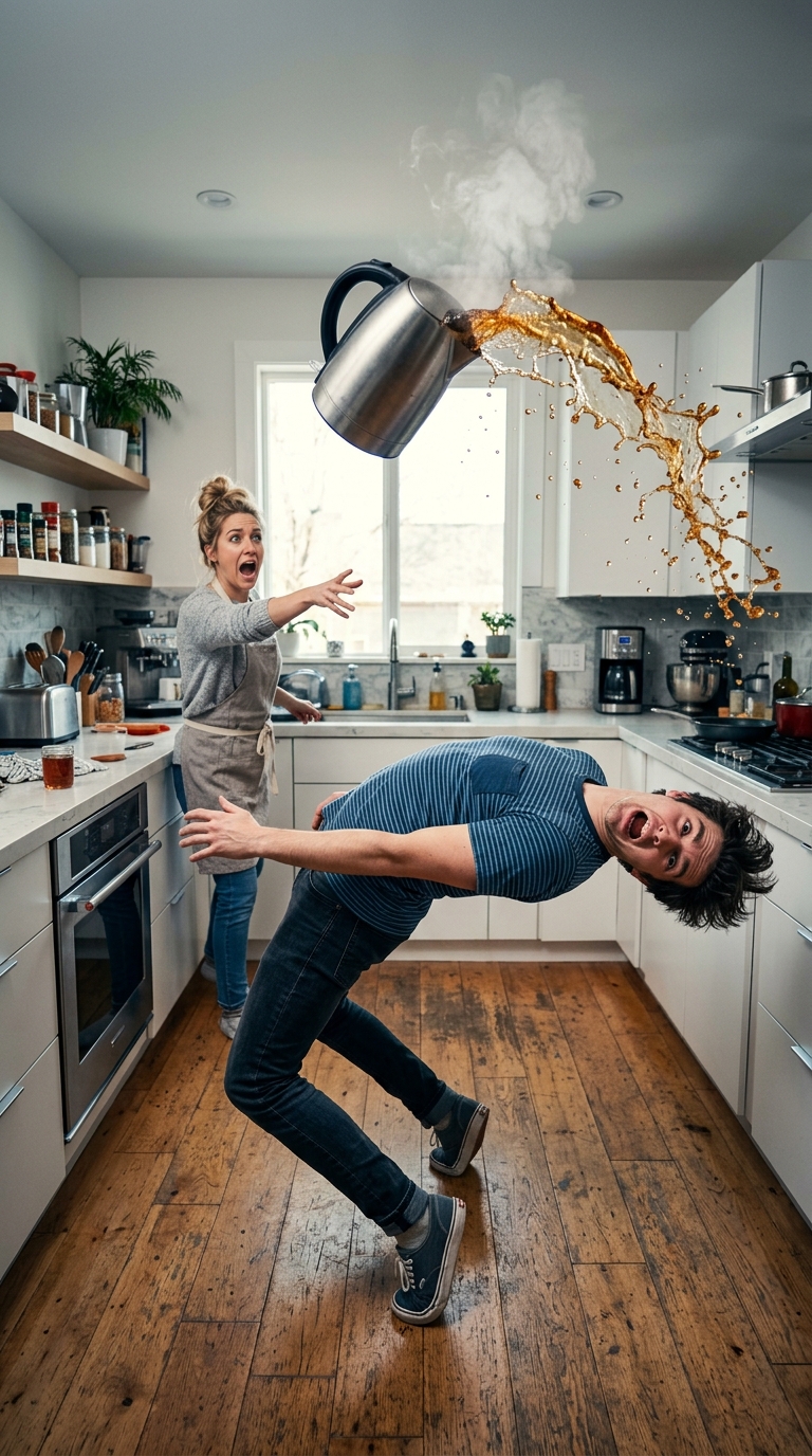 Man Dodges Flying Tea Kettle in Energy Kitchen Moment!