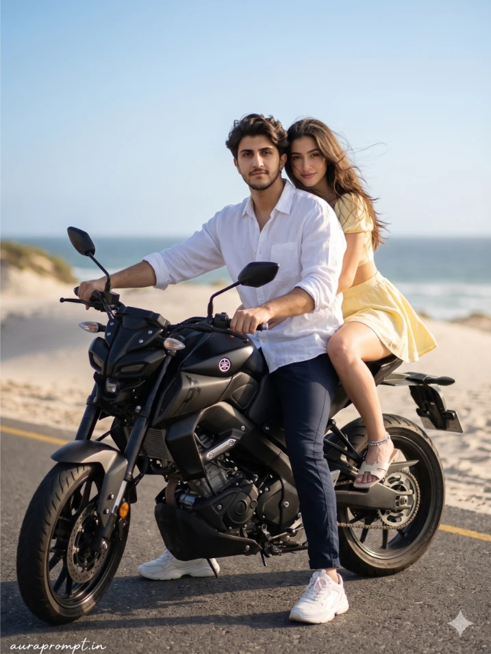 AI Couple Bike Photo Editing Prompt Pinterest Editorial