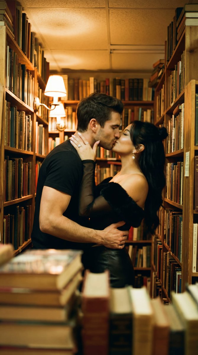 AI Prompt for Cinematic Bookstore Kiss with Realistic Photorealism