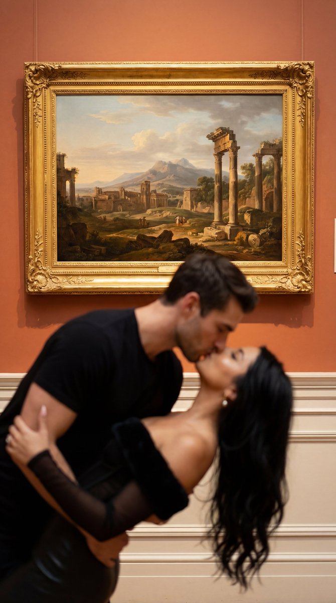 AI Prompt for Cinematic Couple Dip-Kiss Museum Art - Perfect for Social Media