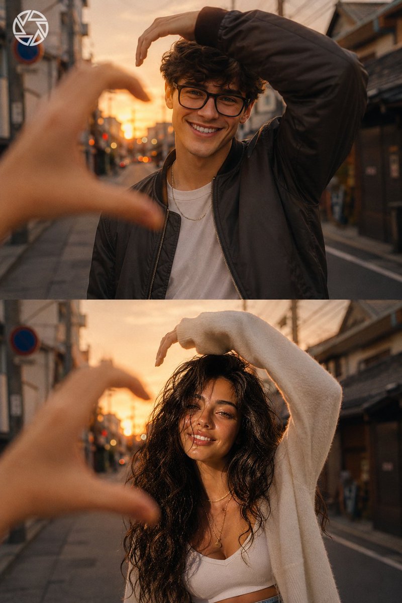 AI Prompt for Cinematic Couple Portrait Collage with Heart-Shaped Pose during Golden Hour