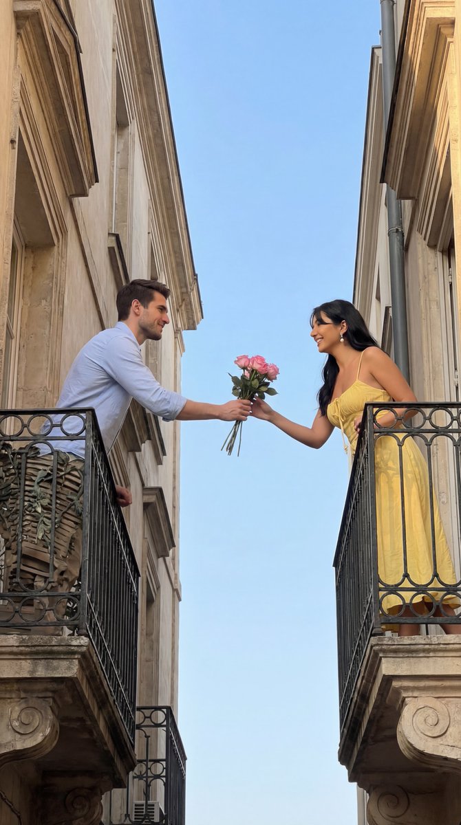 AI Prompt for Cinematic Romantic Image: Balcony Flower Exchange